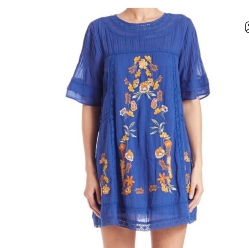 Free People Perfectly Victorian RoyalBlue Floral Embroidered Mini  Dress SZ SP
